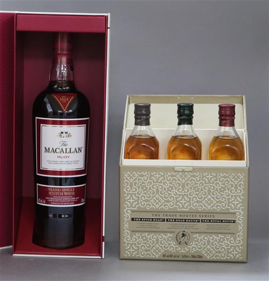 Johnnie Walker Explorers Club Collection Whisky (3x20cl) and The Macallan Ruby Whisky one bottle, 75cl.